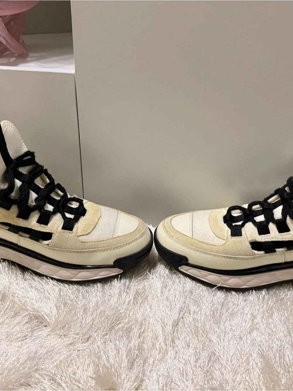 AUTHENTIC CHANEL Cream and Black Low-Top Sneakers with Gold Logo